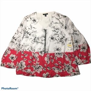 Alfani Floral Print 1/2 Zip V Neck Top PM Medium Petite White Pink Black FLAWS